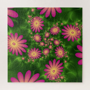 Pink Fantasy Flowers Modern Abstract Fractal Art Jigsaw Puzzle