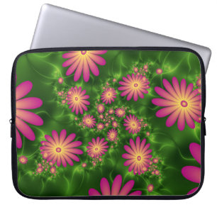 Pink Fantasy Flowers Modern Abstract Fractal Art Laptop Sleeve
