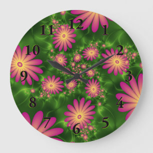Pink Fantasy Flowers Modern Abstract Fractal Art Large Clock