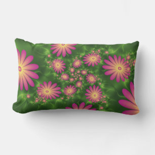 Pink Fantasy Flowers Modern Abstract Fractal Art Lumbar Cushion