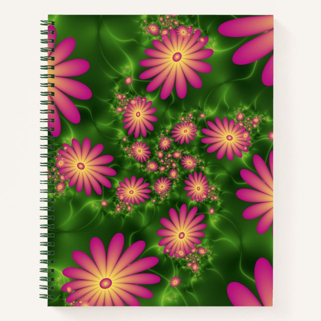 Pink Fantasy Flowers Modern Abstract Fractal Art Notebook (Front)