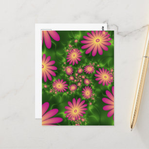 Pink Fantasy Flowers Modern Abstract Fractal Art Postcard