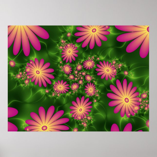 Pink Fantasy Flowers Modern Abstract Fractal Art Poster (Front)
