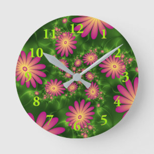 Pink Fantasy Flowers Modern Abstract Fractal Art Round Clock
