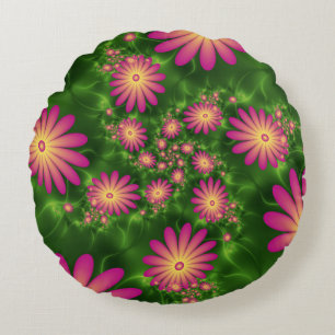 Pink Fantasy Flowers Modern Abstract Fractal Art Round Cushion