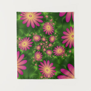 Pink Fantasy Flowers Modern Abstract Fractal Art Tapestry