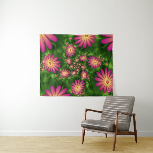 Pink Fantasy Flowers Modern Abstract Fractal Art Tapestry (In Situ (Horizontal))