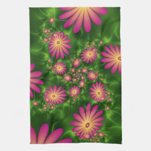 Pink Fantasy Flowers Modern Abstract Fractal Art Tea Towel