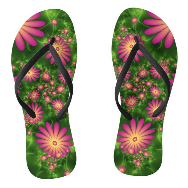 Pink Fantasy Flowers Modern Abstract Fractal Art Thongs (Footbed)