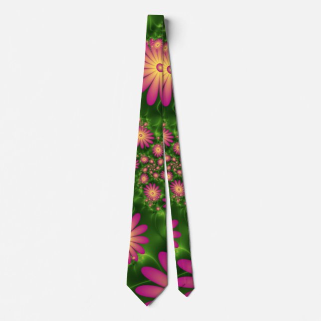 Pink Fantasy Flowers Modern Abstract Fractal Art Tie (Front)