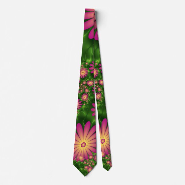 Pink Fantasy Flowers Modern Abstract Fractal Art Tie (Front)