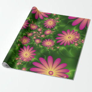 Pink Fantasy Flowers Modern Abstract Fractal Art Wrapping Paper