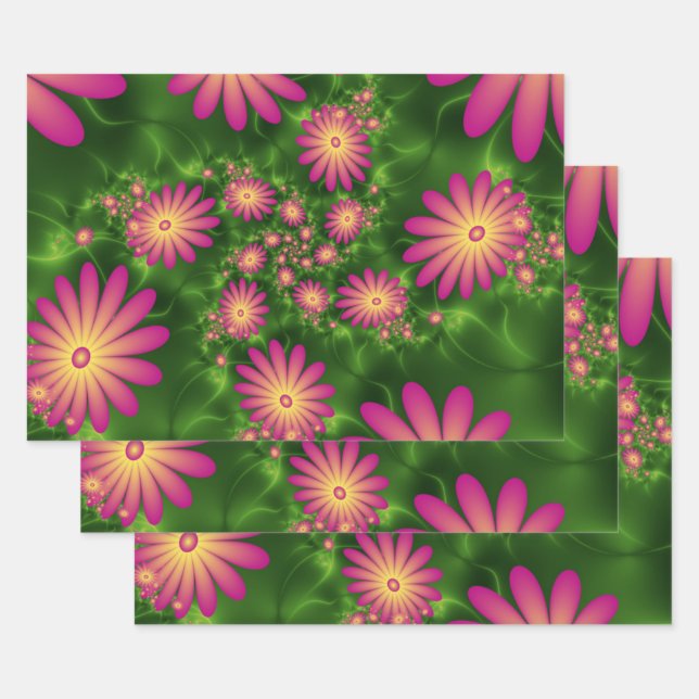 Pink Fantasy Flowers Modern Abstract Fractal Art Wrapping Paper Sheet (Set)