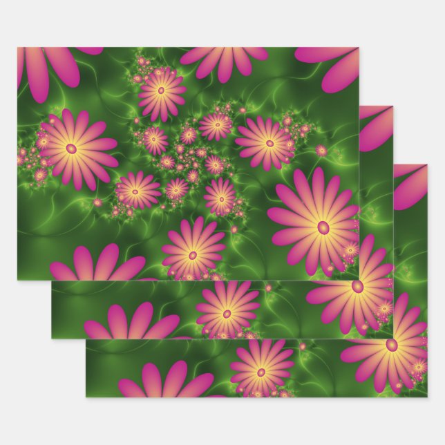 Pink Fantasy Flowers Modern Abstract Fractal Art Wrapping Paper Sheet (Set)