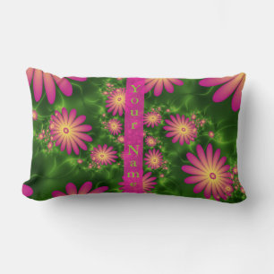 Pink Fantasy Flowers Modern Abstract Fractal Name Lumbar Cushion