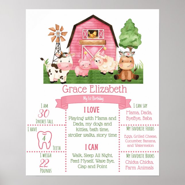 Pink Farm 1st Birthday Milestone Poster (Front)