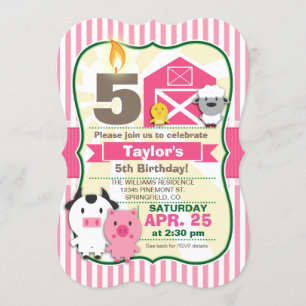 Pink Farm Animal, Girl's Birthday Party Invitation