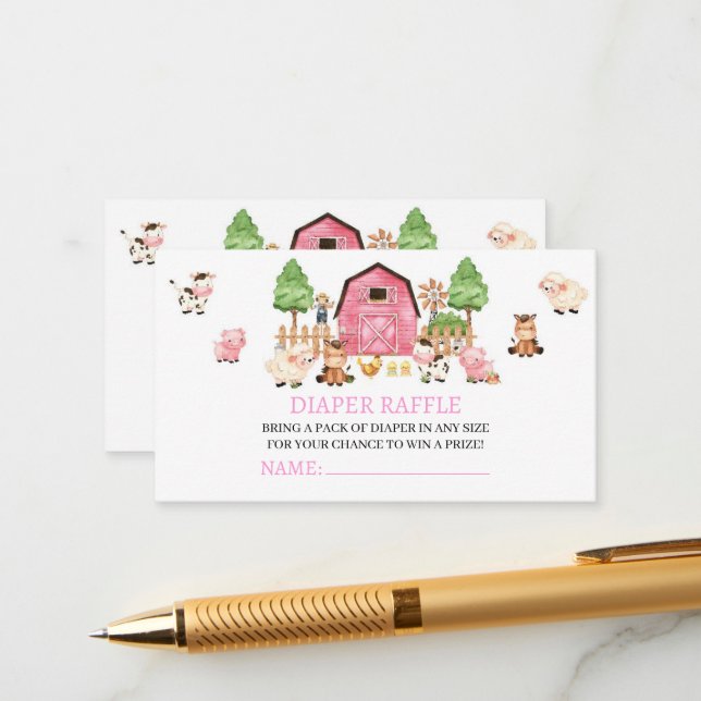 Pink Farm Animals Baby Shower  Enclosure Card (Front/Back In Situ)