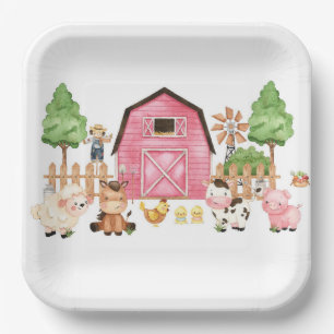 Pink Farm Animals Baby Shower Paper Plate