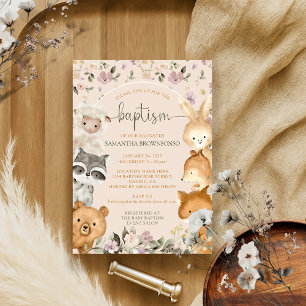 Pink Farm Animals Bear Fox Rabbit Racoon Baptism Invitation