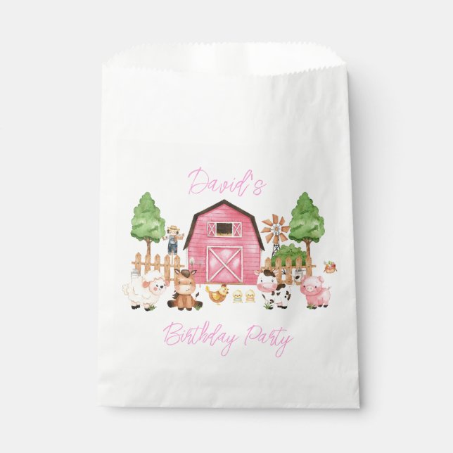 Pink Farm Animals Birthday Party Favour Bag (Front)