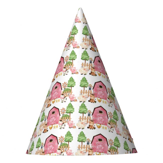 Pink Farm Animals Birthday  Party Hat (Front)