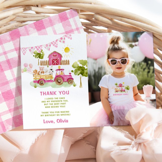 Pink farm animals birthday photo thank you card (Creator Uploaded)