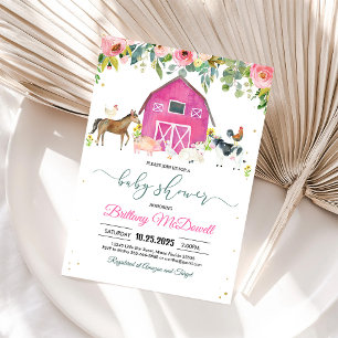 Pink Farm Animals Girl Baby Shower Invitation