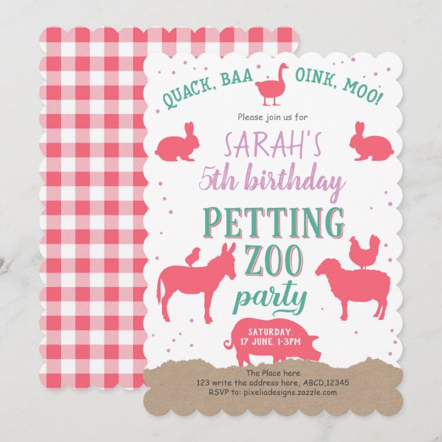 Pink, Farm Animals, Girl Birthday, Petting Zoo Invitation (Front/Back)