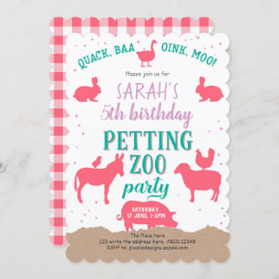 Pink, Farm Animals, Girl Birthday, Petting Zoo Invitation
