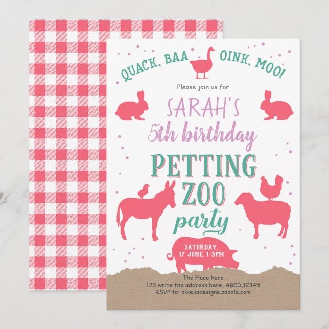 Pink, Farm Animals, Girl, Petting Zoo Birthday Invitation (Front/Back)