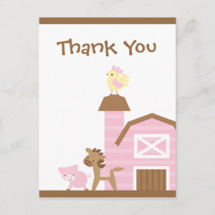 Pink farm animals girl's thank you post card