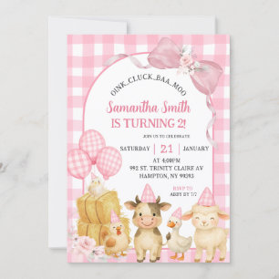 Pink Farm Animals Oink Cluck Baa Moo Birthday Invitation