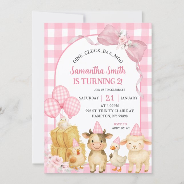 Pink Farm Animals Oink Cluck Baa Moo Birthday Invitation (Front)