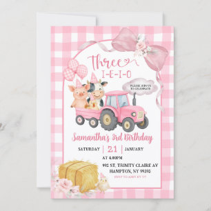 Pink Farm Animals Three-i-e-i-o Girl 3rd Birthday Invitation