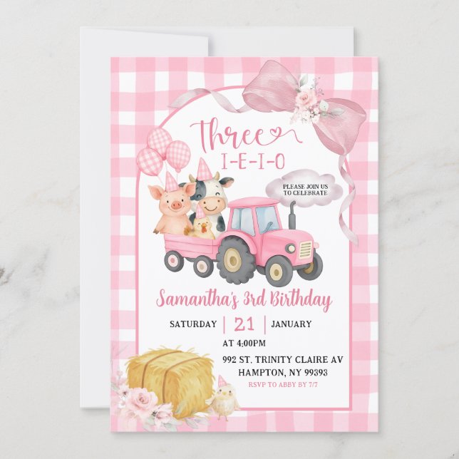 Pink Farm Animals Three-i-e-i-o Girl 3rd Birthday Invitation (Front)