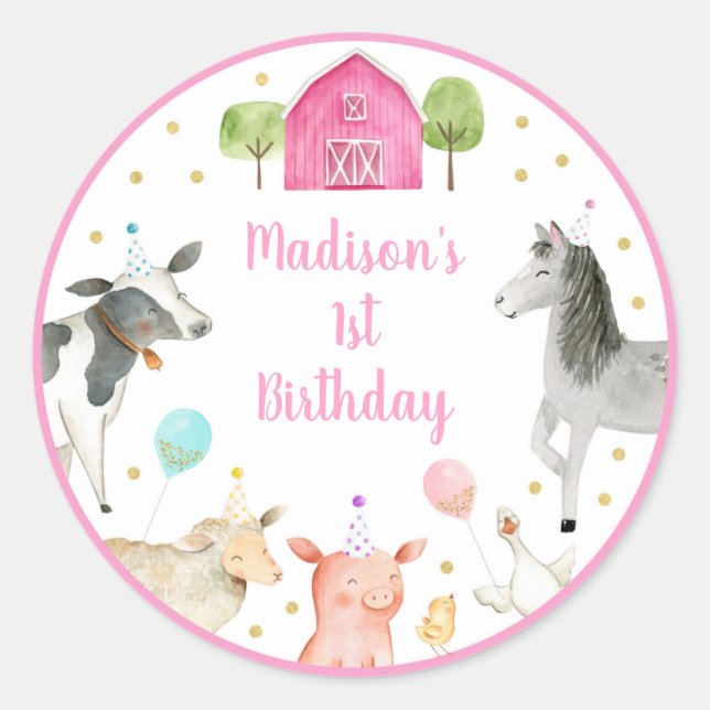 Pink Farm Barnyard Birthday  Classic Round Sticker (Front)