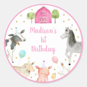 Pink Farm Barnyard Birthday  Classic Round Sticker