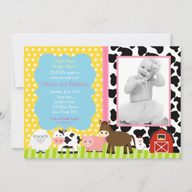 Pink Farm Barnyard Birthday Party Invitations (Front)