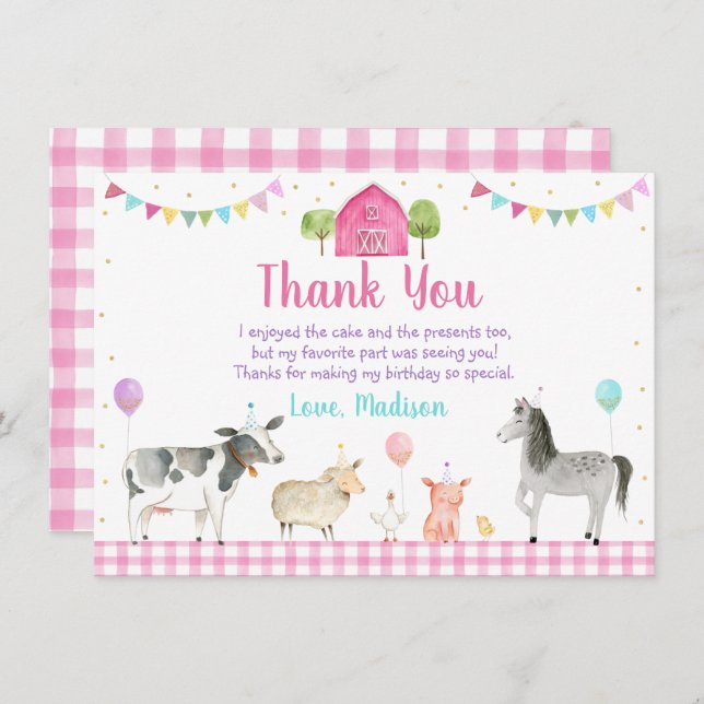 Pink Farm Barnyard Farm Animal Birthday Thank You Card (Front/Back)