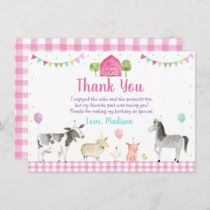 Pink Farm Barnyard Farm Animal Birthday Thank You Card