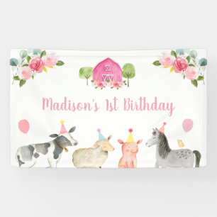 Pink Farm Barnyard Floral Birthday Banner