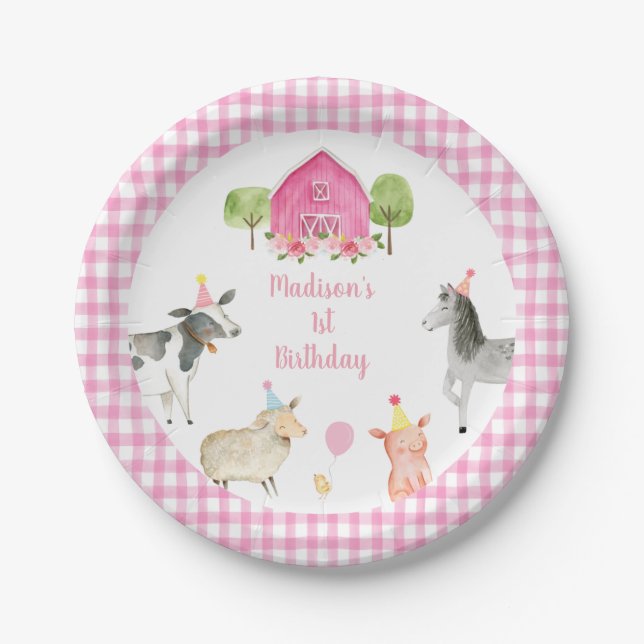 Pink Farm Barnyard Floral Birthday Paper Plate (Front)