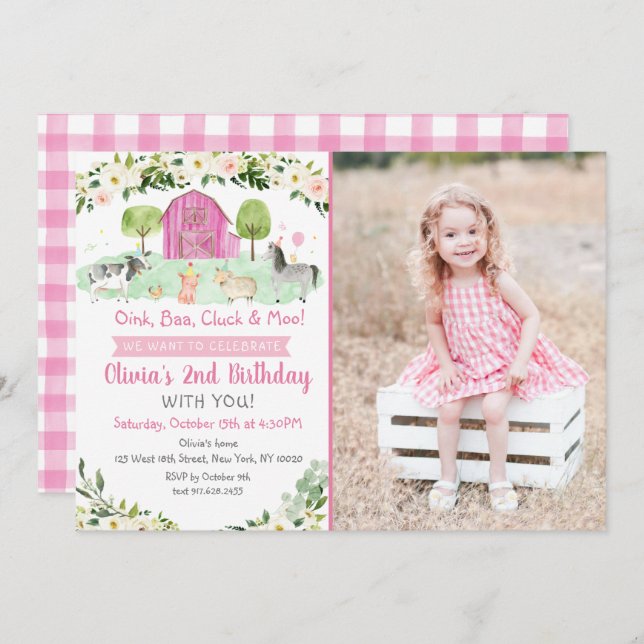 Pink Farm Birthday Invitation (Front/Back)