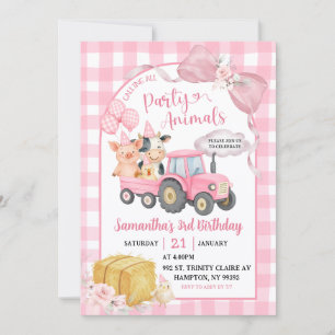 Pink Farm Calling All Party Animals Girl Birthday Invitation