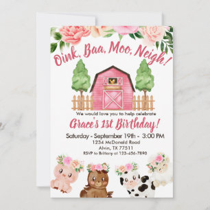 Pink Farm Floral Barnyard 1st Birthday Invitation