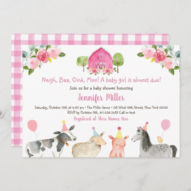 Pink Farm Floral Barnyard Baby Shower Invitation (Front/Back)