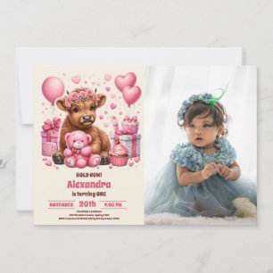 Pink Farm Holy Cow Highland 1st Birthday Photo Invitation