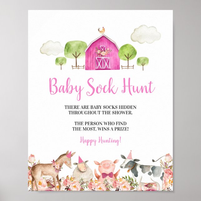 Pink Farm House Animals Barnyard Baby Sock Hunt Poster (Front)