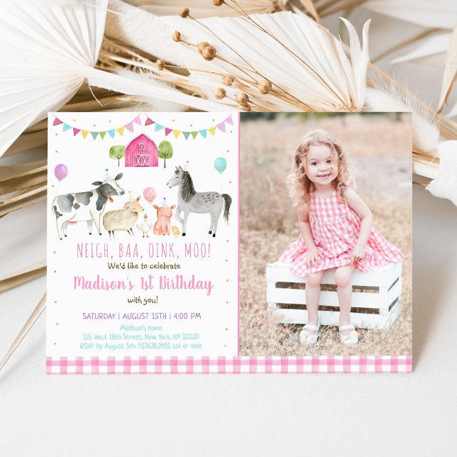 Pink Farm Party Birthday Invitation (Creator Uploaded)